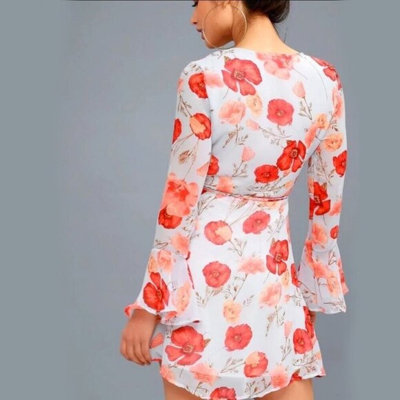 Lulus ✦ Petals of Honor Wrap Dress ✦ Light Blue Floral Chiffon Bell Sleeves S - Picture 2 of 14